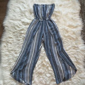 Anthropologie | DREW Blue/White Multi Striped Strapless Jumpsuit